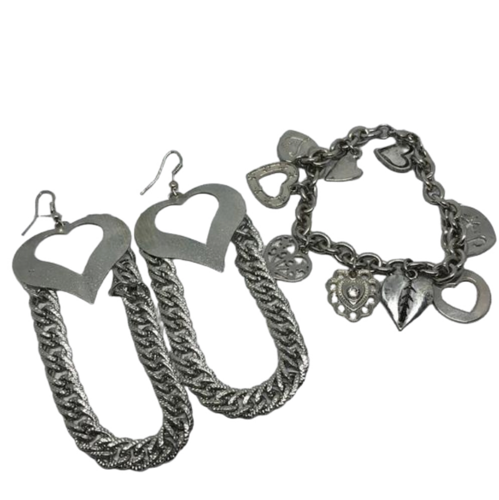 BUNDLE lot 2 heart shape urban romantic earrings and charm bracelet jewelry set.